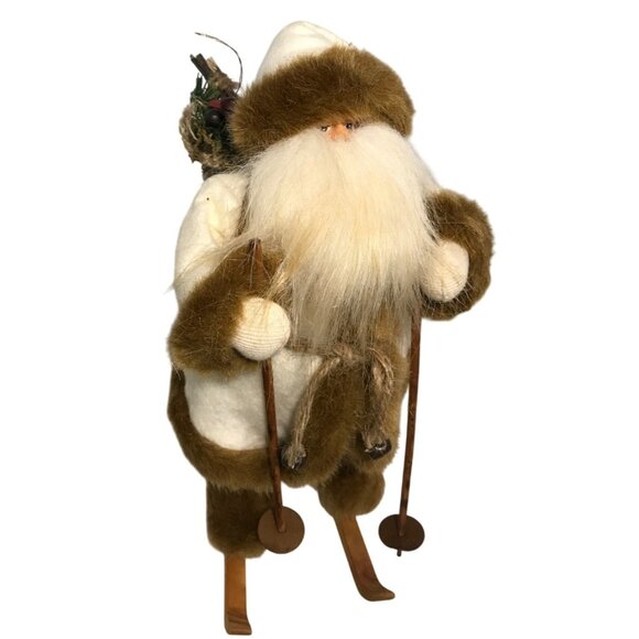 Skiing Santa Claus Figure 12" Faux Fur Burlap Wooden Ski Rustic Christmas - Picture 1 of 10